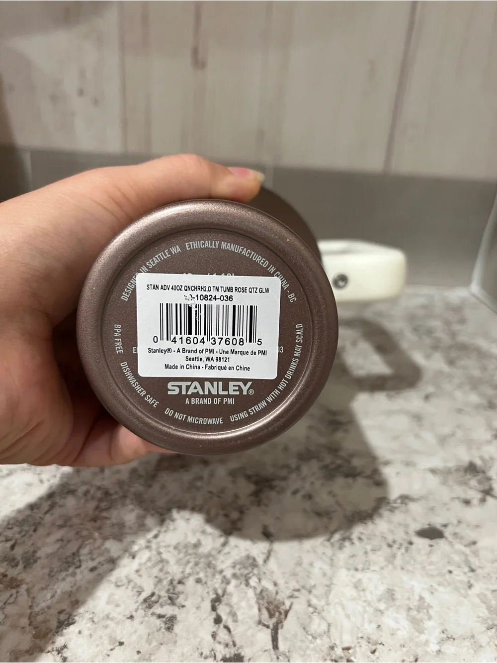 Stanley Brown Travel Tumbler with White Handle and Lid